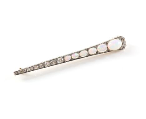 Opal and old cut diamond tapered bar brooch, set with six graduated oval cabochons, largest opal 2.55 carats, followed by ele