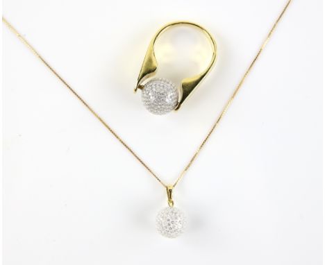 Modern gold white topaz spherical pendant, with a articulated bail on a fine box link chain, 46cm in length and a matching dr