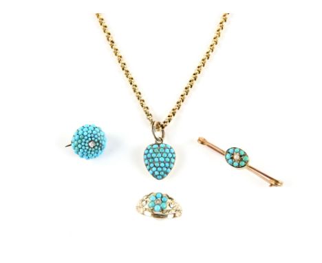 Victorian turquoise brooch, centrally set with an old cut diamond, mount testing as 15 ct, Victorian turquoise and old cut di