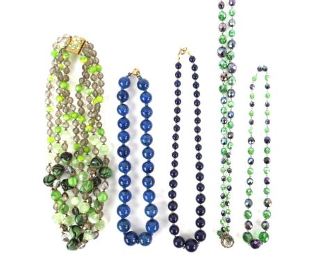 Collection of costume jewellery including a lapis lazuli beaded necklace, a selection of clip-on earrings, triple row faux pe