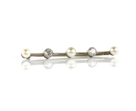 Diamond and pearl bar brooch, set with three white pearls and two transitional cut diamonds, estimate total diamond weight 0.