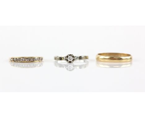 Old cut diamond half eternity ring, comprising of nine old cut diamonds, ring size O 1/2, 1920's solitaire, size Q and weddin