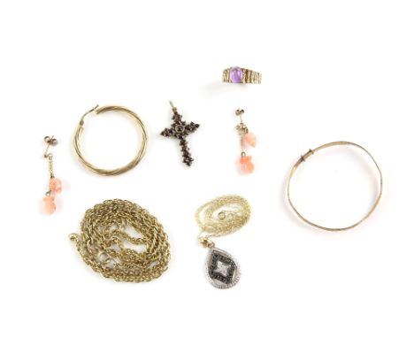 Selection of jewellery, including a black and white diamond set pendant, a 1960's cabochon amethyst ring, size K, an expandin