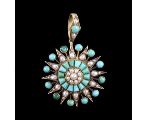 Victorian turquoise and pearl pendant, twelve point starburst design, glazed panel to reverse, in 15 ct with a higher wash   