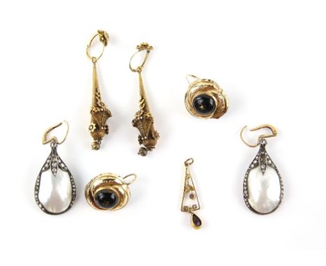 A group of earrings, 19th C basket earrings wire work detail, the main earring bodies and fittings testing as 18 ct with gilt