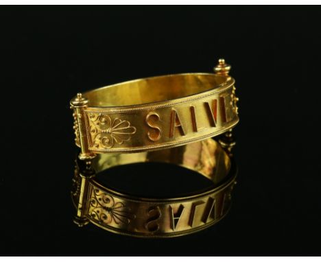 19th C Etruscan revival bangle, twisted wire borders and applied wire and bead decoration, 'Salve' lettering on one side, wit