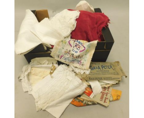 Miscellaneous textiles etc., to include lace, a small amount of lace bobbins, patterns etc