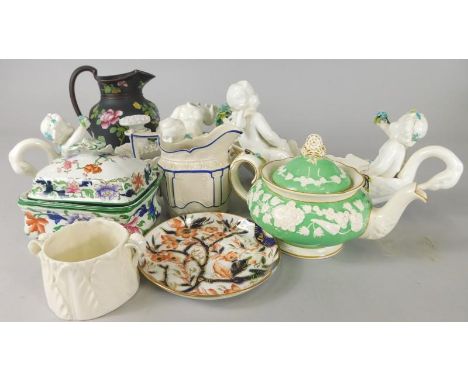 Various items of 19thC and later ceramics, to include a Royal Worcester leaf moulded two handled bowl, a George Jones rhapsod