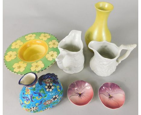 A collection of ceramics, to include a yellow glazed Ruskin vase, a French Longwy jug, Burleighware posy bowl etc.