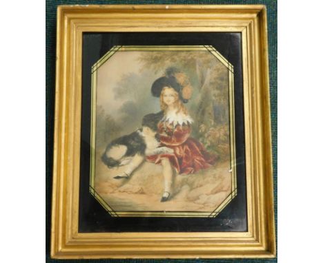 19thC School.  Portrait of a lady wearing a red dress with a dog, watercolour, in verre églomisé mounted frame, 34cm x 28cm