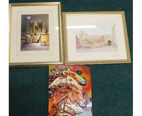After R G Barton. Lincoln Castle, artist signed limited edition print, print of Lincoln Cathedral after David Hughes and a ce