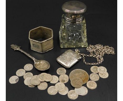 A collection of small silver, to include a heavy napkin ring, 1½ozs, a vesta case with white metal chain, various threepenny 