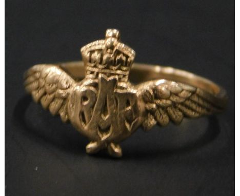An RAF dress ring, with crown and wings design, yellow metal, marked 9ct, 2g. 