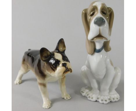 A Russian porcelain model, possibly in the form of a French bulldog, and a Nao porcelain hound