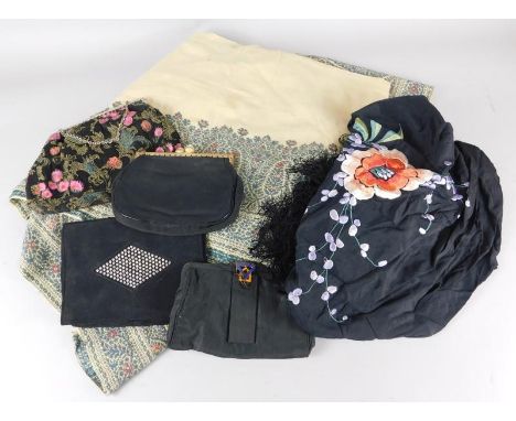 A paisley shawl, embroidered bag, and other textiles