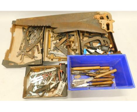 Miscellaneous tools etc., to include compass, set square, etc, various spanners, large saw, etc. (4 boxes)