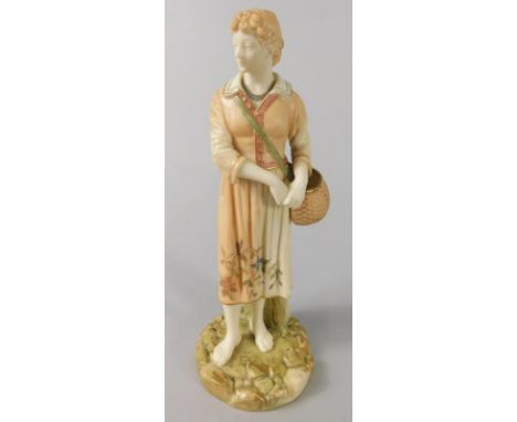 A Royal Worcester porcelain figure, modelled in the form of a French lady carrying a fishing creel, in the manner of Hadley, 