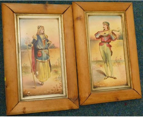 19thC Continental School.  Figure of a male musician playing a mandolin, and a similar picture of a lady, painted on to a til