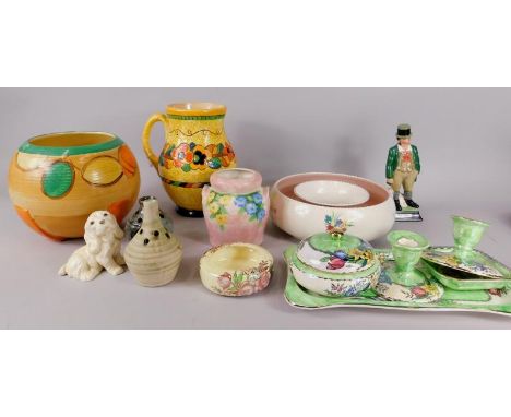 A collection of Art Deco period and style ceramics, to include a Maling part dressing table set, a G&S Ltd figure of Bill Syk