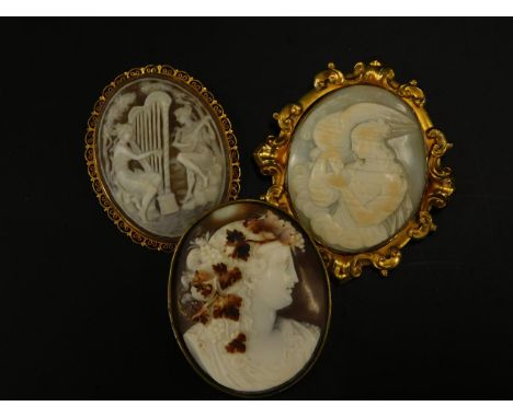 Three cameo brooches, one cameo carved with figure of a lady with bird, in an elaborate gold coloured frame, 5cm x 6.2cm, the