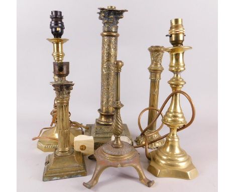 An Eastern style Corinthian column table lamp base, two brass candlestick table lamps, etc. (6)