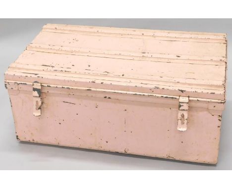 A large ebonised pine and metal bound chest, and pink painted trunk
