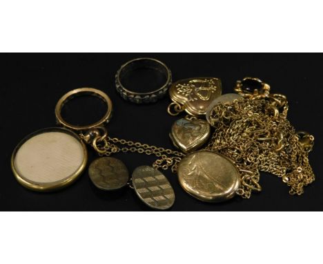 Various gold plated jewellery, to include three lockets, two dress rings, various fine link chains, a pair of cuff links and 