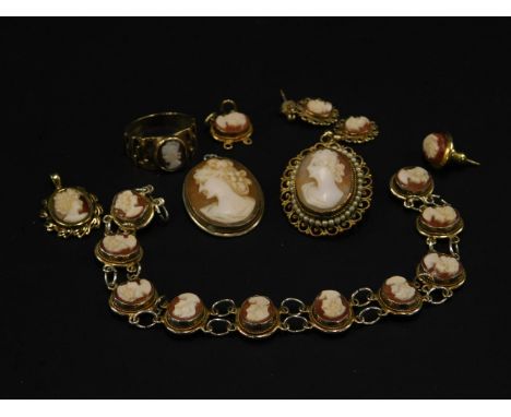 A quantity of shell cameo jewellery, to include a cameo bracelet (AF), marked 800, a bar brooch, in gold plated frame, a 9ct 