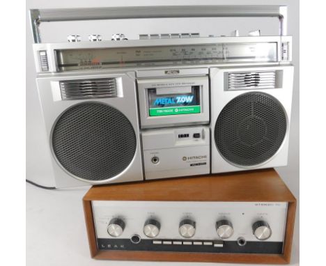 A Hitachi portable tape recorder and radio, unused and in original box and a Leak stereo 70 amplifier 