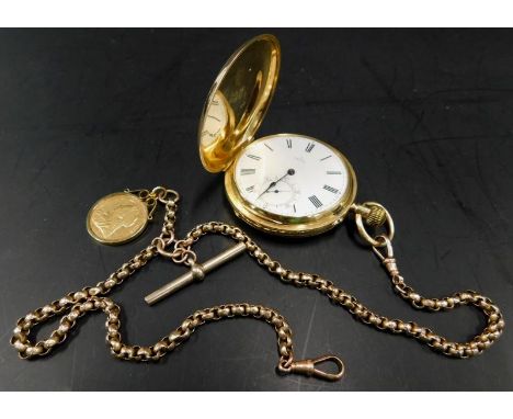 An 18ct gold pocket watch, with a 9ct gold chain and full gold sovereign fob, the pocket watch, bearing initial H to casing, 