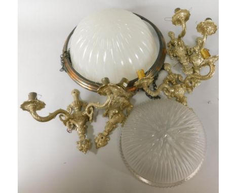 An early 20thC opaque glass and anodised copper ceiling light, a circular shade stamped Holophane and various modern wall lig