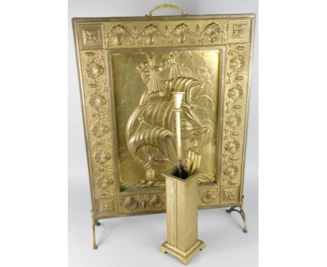 A collection of metalware, to include fire irons, firescreen, etc.