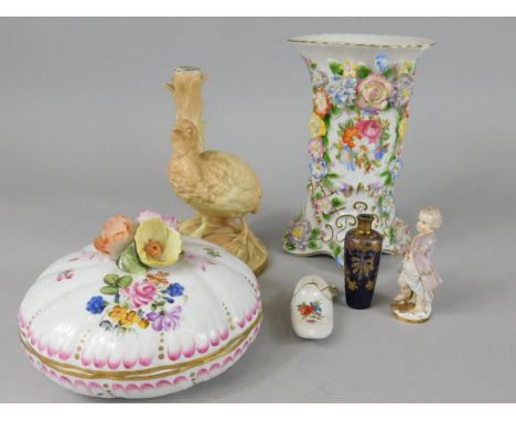 A collection of ceramic items, to include an Art Nouveau style small Continental porcelain bottle vase, a Meissen figure of a