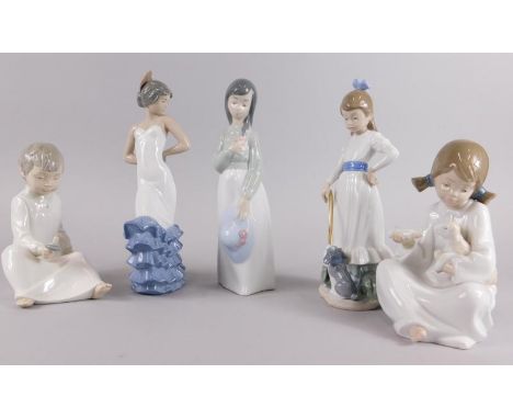 Five Nao porcelain figures, to include a girl with a hula hoop, a Spanish dancer, a girl with a lamb etc.