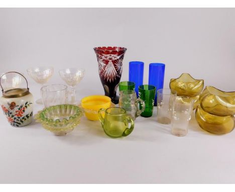 A collection of coloured glass, to include triangular shaped finger bowls, ruby flash vase etc.