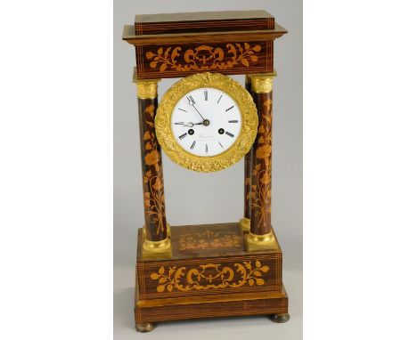 A 19thC French rosewood marquetry portico type mantel clock, decorated overall with scrolls, flowers etc., the enamel dial si