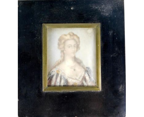 19thC School.  Portrait of a lady in court dress, miniature, in ebonised frame, 15cm x 17cm overall.