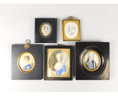 A collection of painted portrait miniatures, to include a gentleman wearing military uniform on ivory (AF), a lady wearing a 