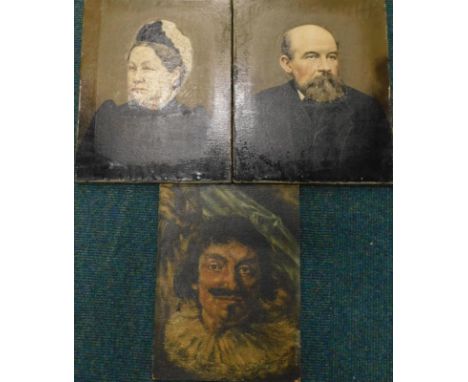 19thC School.  Portrait of a gentleman and lady, oil applied to photographic image, 38cm x 30cm, and an oil on board portrait