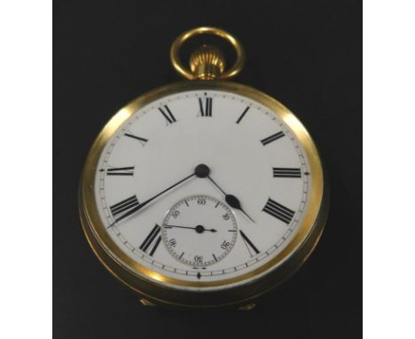 A yellow metal pocket watch, with white enamel dial, seconds dial, and blue hands, with bezel wind, marked 18ct, 92.5g all in