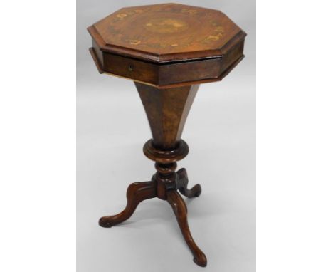 A Victorian walnut and marquetry trumpet shaped work table, the octagonal hinged top enclosing a fitted interior on tripod ba