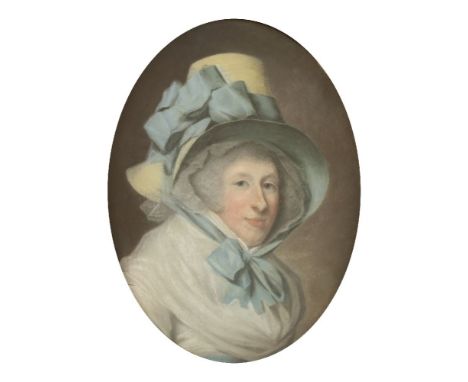 Samuel Cotes (1734-1818)PORTRAIT OF A LADY, BUST LENGTH IN A BONNET WITH A BLUE RIBBONSigned and dated 1789 verso (apparently