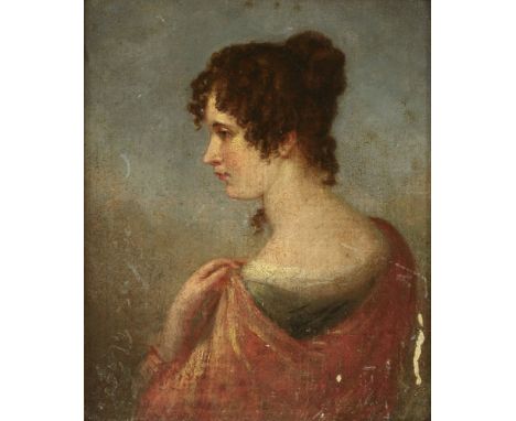 English School, early 19th centuryPORTRAIT OF A LADY IN PROFILE, IN A RED WRAPOil on canvas laid down on panel19 x 15cm