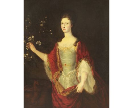 English School, late 18th centuryPORTRAIT OF A LADY, THREE-QUARTER LENGTH, IN A WHITE DRESS AND GOLD-EMBROIDERED RED WRAP, ST