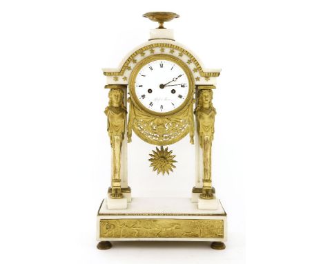 A Louis XVI white marble and ormolu mantel clock,the convex enamel dial, signed 'Leroy à Paris', supporting a striking moveme