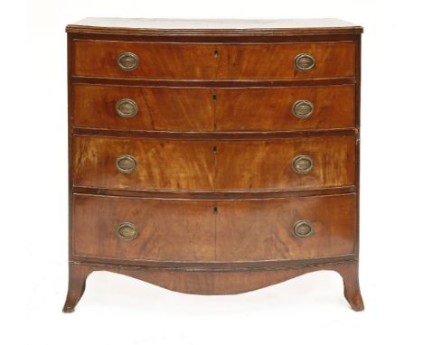A Victorian mahogany bow front chest,of four long drawers, on bracket feet,100cm wide54cm deep98cm high