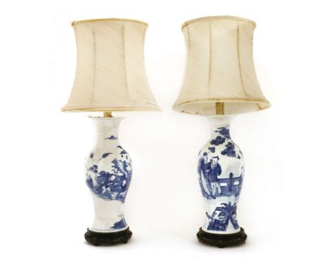 Two Chinese blue and white baluster vases,19th century, converted to table lamps, each with a six-character Kangxi mark,vases