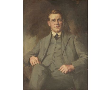 English School, 20th centuryPORTRAIT OF A GENTLEMAN, THREE-QUARTER LENGTH SEATED, IN A GREEN SUITOil on canvas93 x 69cm