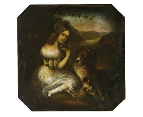 English School, 19th centuryPORTRAIT OF A YOUNG LADY AND HER PET DOGS IN AN ARBOUROil on panel with canted corners for a tabl