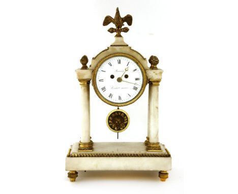 An Empire-style alabaster mantel clock, with gilt metal mounts, the enamel dial signed 'Barraud, Cornhill, London', supported